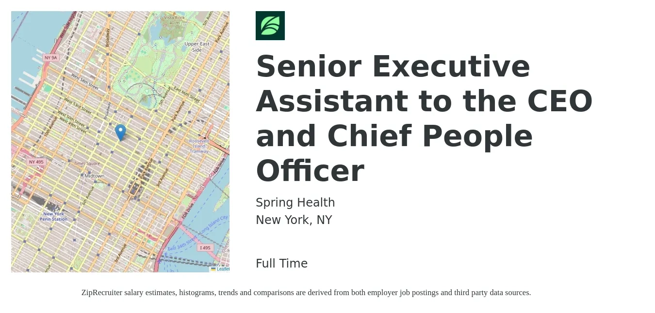 Spring Health job posting for a Senior Executive Assistant to the CEO and Chief People Officer in New York, NY with a salary of $65,600 to $115,400 Yearly with a map of New York location.