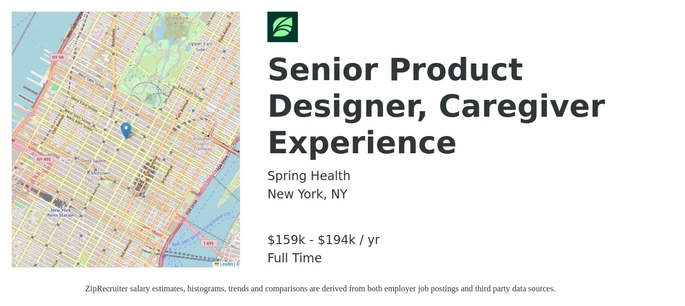 Spring Health job posting for a Senior Product Designer, Caregiver Experience in New York, NY with a salary of $159,100 to $194,150 Yearly with a map of New York location.
