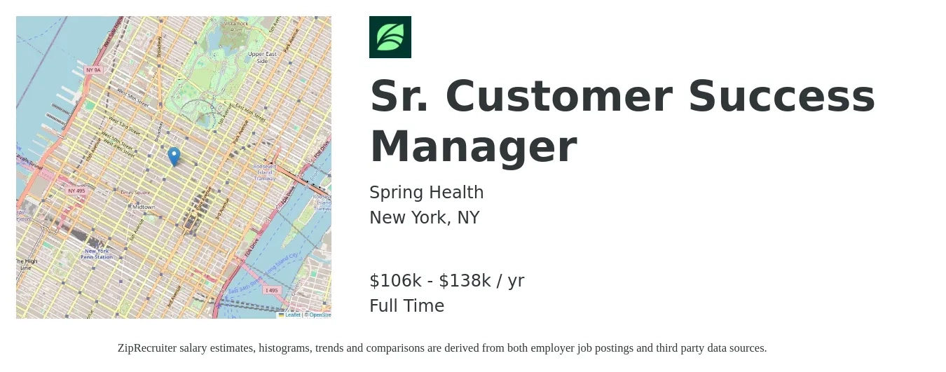 Spring Health job posting for a Sr. Customer Success Manager in New York, NY with a salary of $106,400 to $138,400 Yearly with a map of New York location.