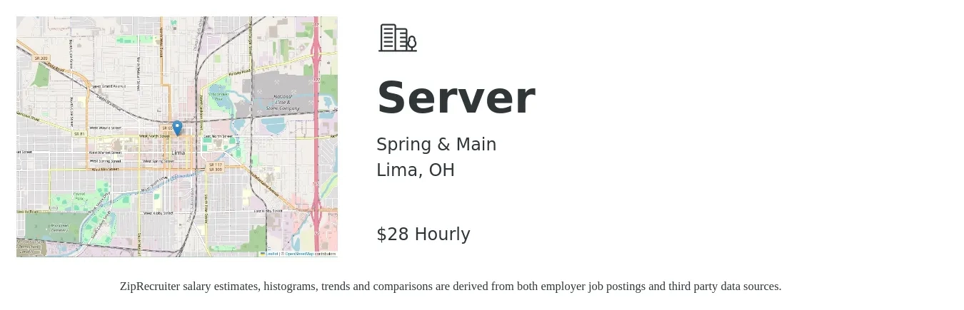 Spring & Main job posting for a Server in Lima, OH with a salary of $30 Hourly with a map of Lima location.