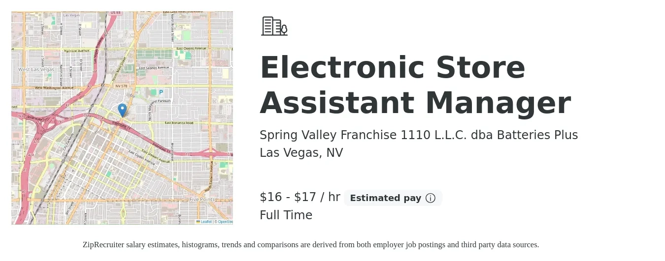Spring Valley Franchise 1110 L.L.C. dba Batteries Plus job posting for a Electronic Store Assistant Manager in Las Vegas, NV with a salary of $18 to $18 Hourly with a map of Las Vegas location.