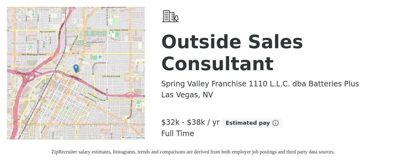Spring Valley Franchise 1110 L.L.C. dba Batteries Plus job posting for a Outside Sales Consultant in Las Vegas, NV with a salary of $32,000 to $38,000 Yearly with a map of Las Vegas location.