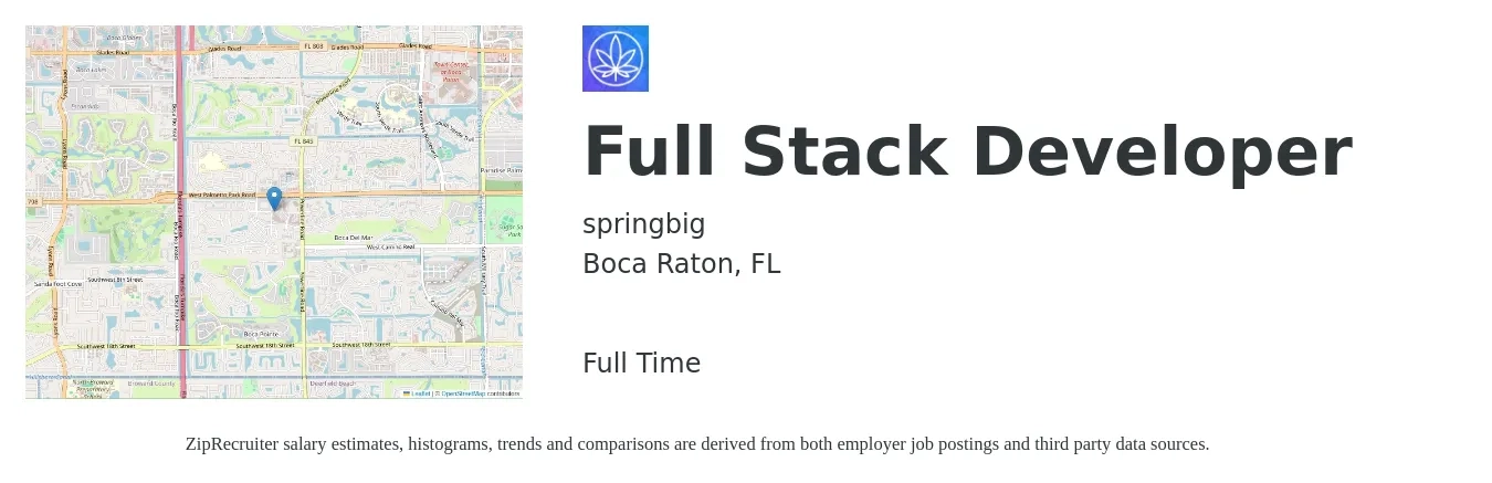 springbig job posting for a Full Stack Developer in Boca Raton, FL with a salary of $48 to $66 Hourly with a map of Boca Raton location.