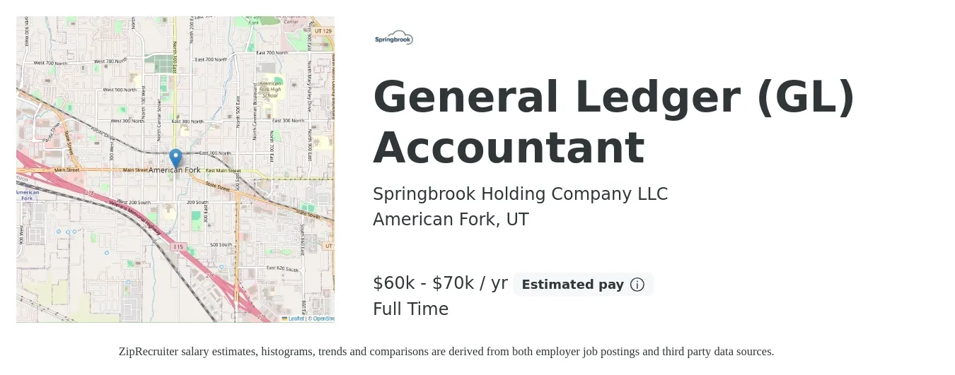 Springbrook Holding Company LLC job posting for a General Ledger (GL) Accountant in American Fork, UT with a salary of $60,000 to $70,000 Yearly with a map of American Fork location.