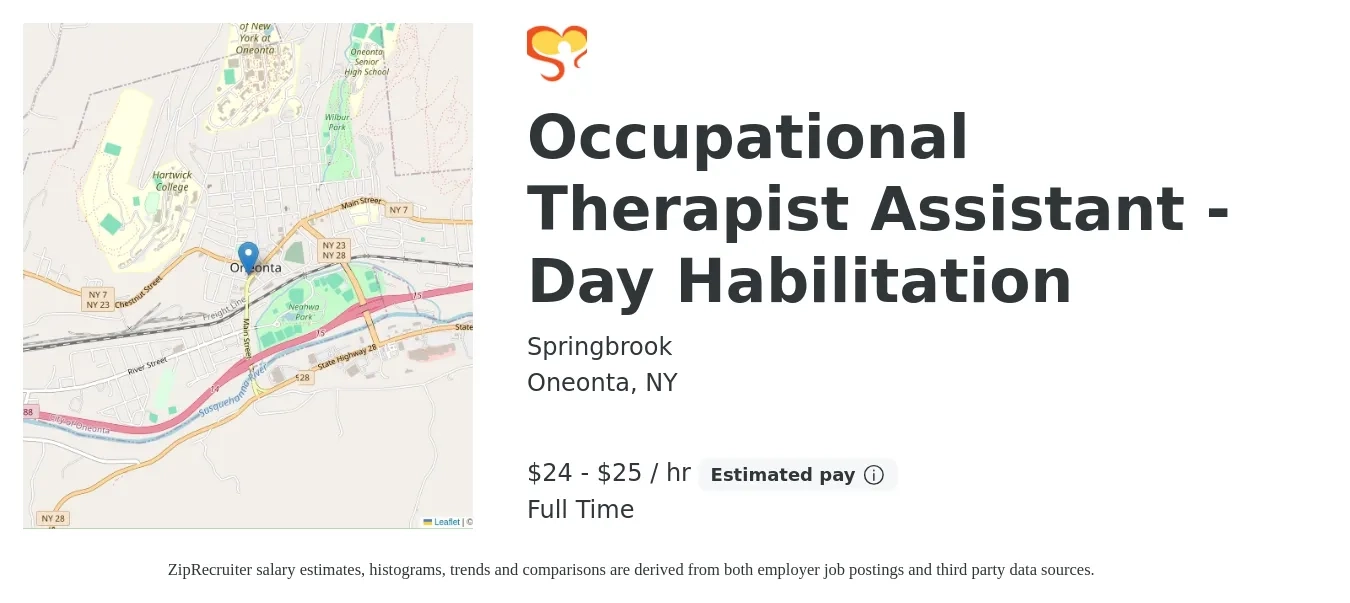 Springbrook job posting for a Occupational Therapist Assistant - Day Habilitation in Oneonta, NY with a salary of $25 to $26 Hourly with a map of Oneonta location.