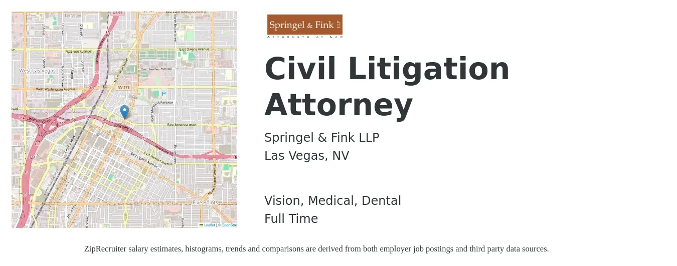 Springel & Fink LLP job posting for a Civil Litigation Attorney in Las Vegas, NV with a salary of $95,000 to $138,000 Yearly and benefits including vision, dental, life_insurance, and medical with a map of Las Vegas location.