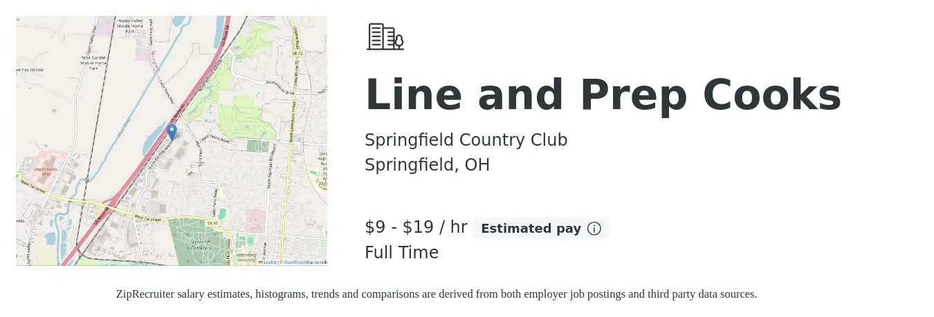 Springfield Country Club job posting for a Line and Prep Cooks in Springfield, OH with a salary of $10 to $20 Hourly with a map of Springfield location.