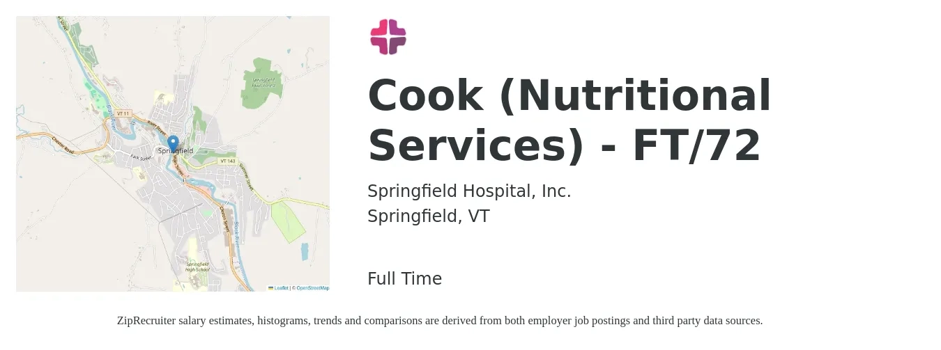 Springfield Hospital Inc. job posting for a Cook (Nutritional Services) - FT/72 in Springfield, VT with a salary of $15 to $19 Hourly with a map of Springfield location.