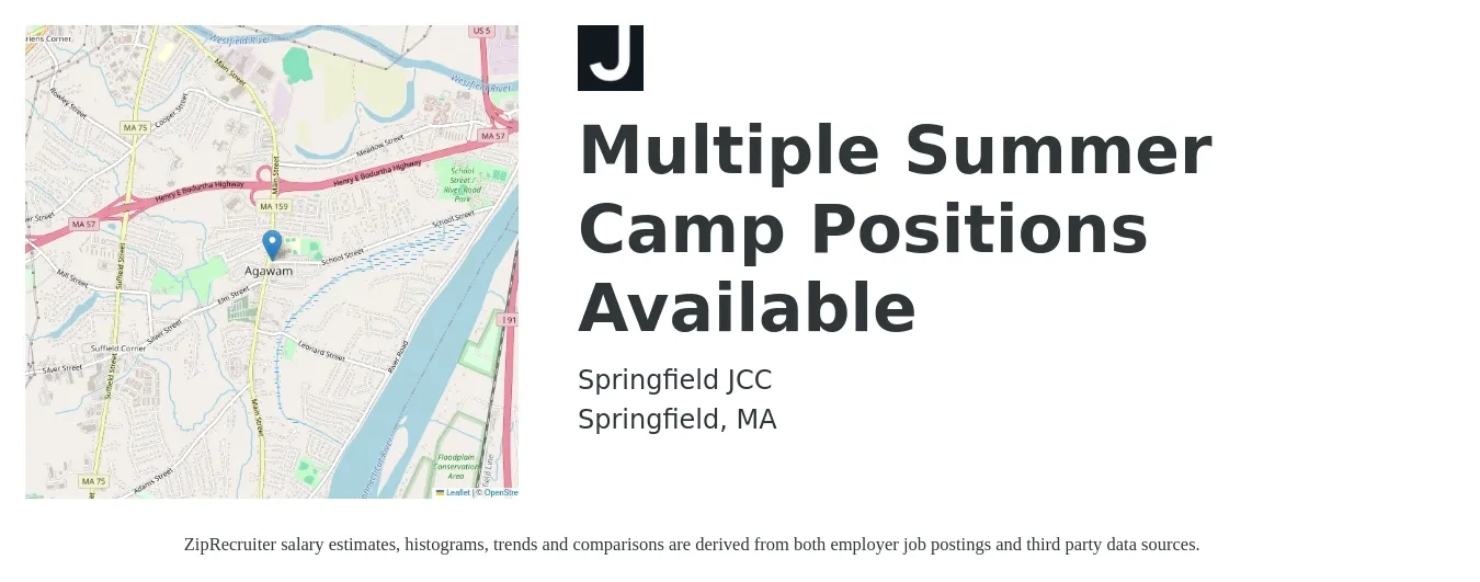 Springfield JCC job posting for a Multiple Summer Camp Positions Available in Springfield, MA with a salary of $14 to $18 Hourly with a map of Springfield location.