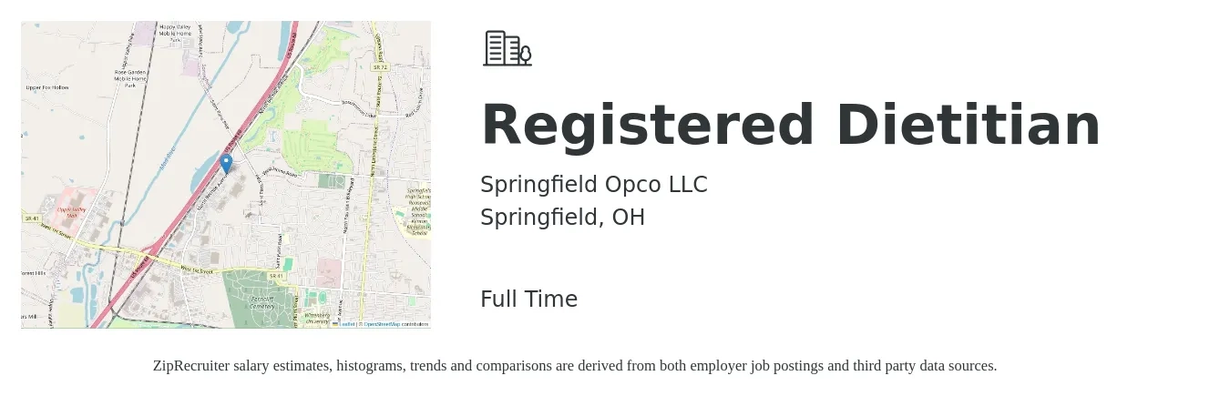 Springfield Opco LLC job posting for a Registered Dietitian in Springfield, OH with a salary of $28 to $38 Hourly with a map of Springfield location.