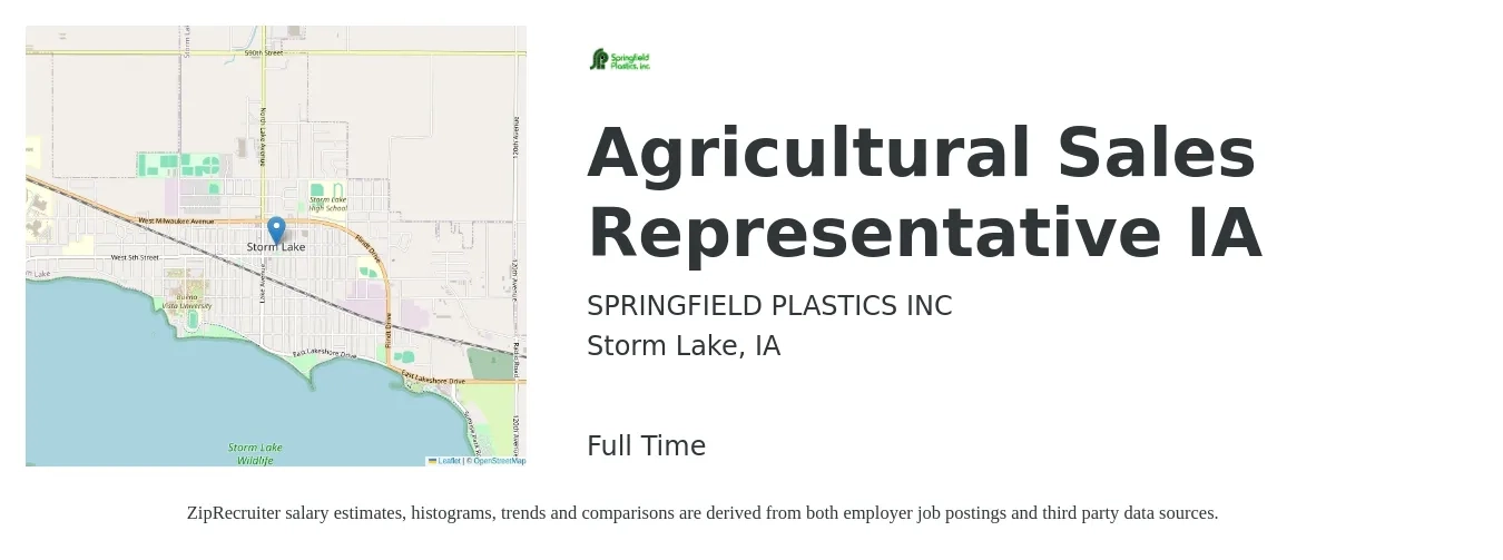 SPRINGFIELD PLASTICS INC job posting for a Agricultural Sales Representative IA in Storm Lake, IA with a salary of $40,400 to $55,800 Yearly with a map of Storm Lake location.