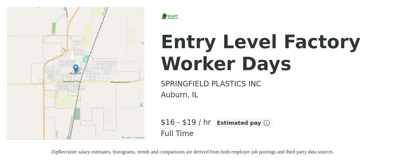 SPRINGFIELD PLASTICS INC job posting for a Entry Level Factory Worker Days in Auburn, IL with a salary of $17 to $20 Hourly with a map of Auburn location.