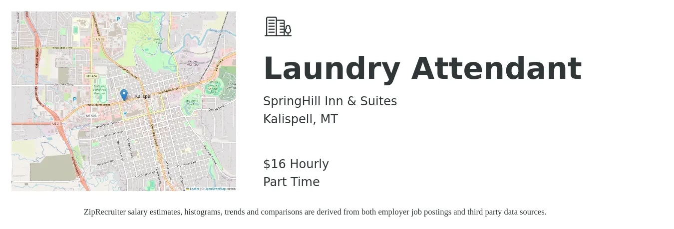 SpringHill Inn & Suites job posting for a Laundry Attendant in Kalispell, MT with a salary of $14 Hourly with a map of Kalispell location.