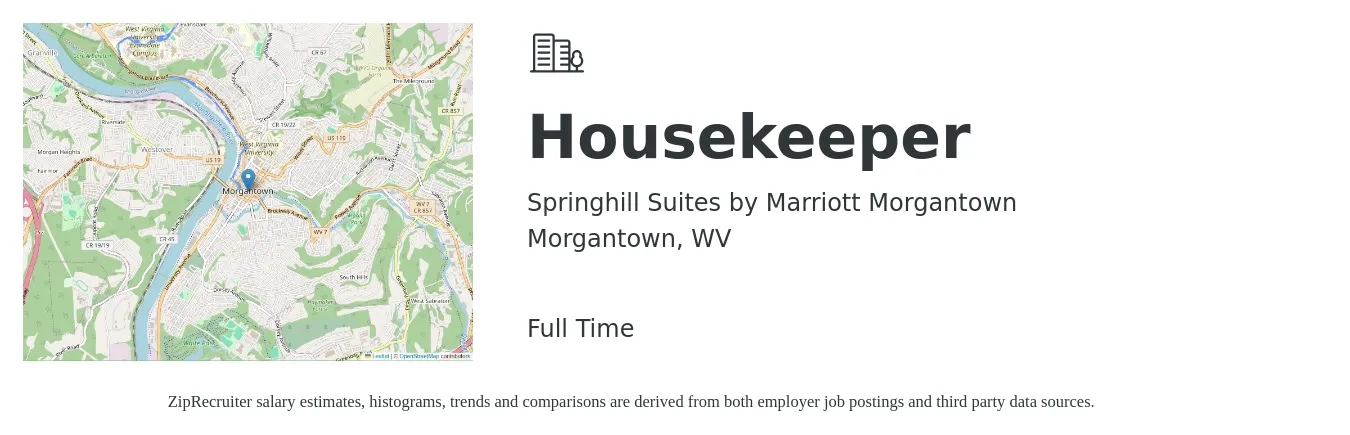 Springhill Suites by Marriott Morgantown job posting for a Housekeeper in Morgantown, WV with a salary of $14 to $18 Hourly with a map of Morgantown location.