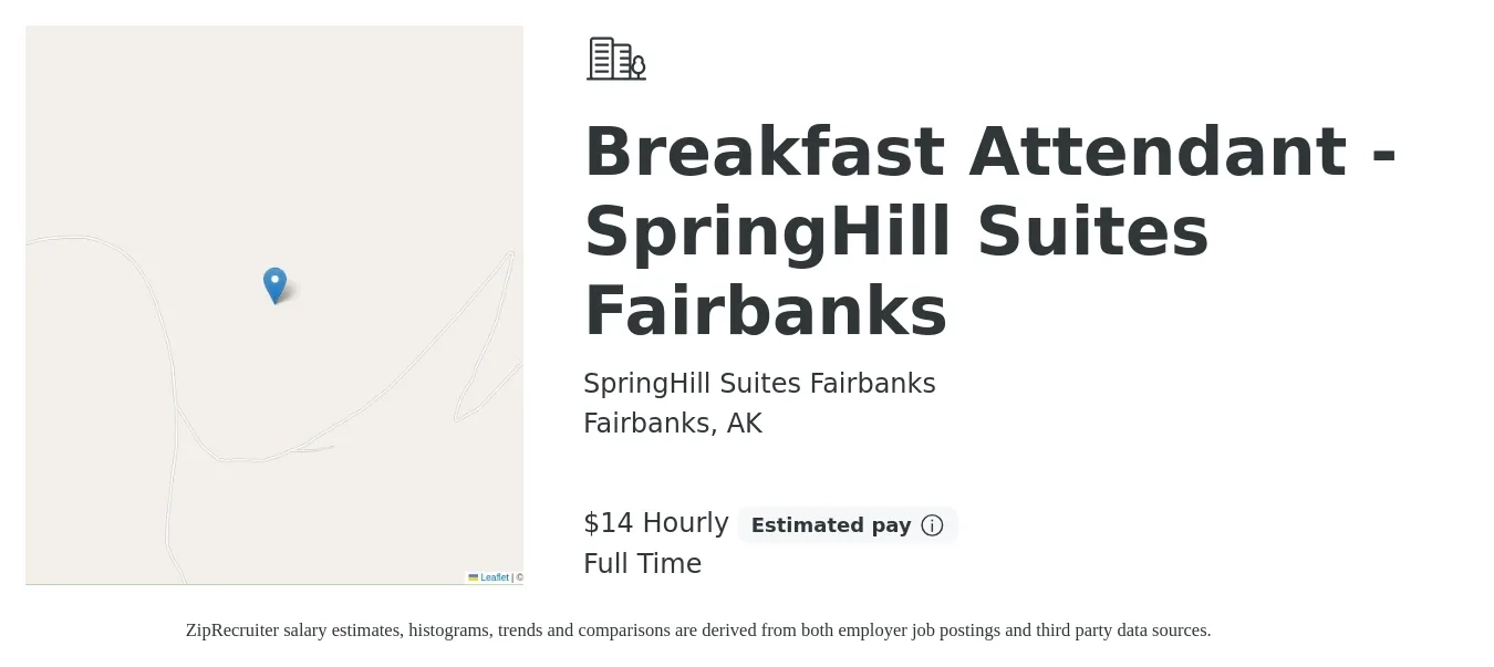 SpringHill Suites Fairbanks job posting for a Breakfast Attendant - SpringHill Suites Fairbanks in Fairbanks, AK with a salary of $15 Hourly with a map of Fairbanks location.
