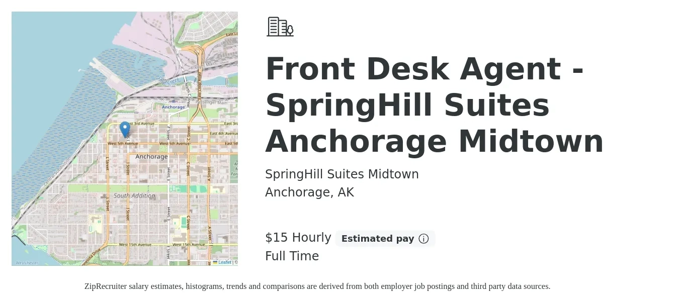 SpringHill Suites Midtown job posting for a Front Desk Agent - SpringHill Suites Anchorage Midtown in Anchorage, AK with a salary of $16 Hourly with a map of Anchorage location.