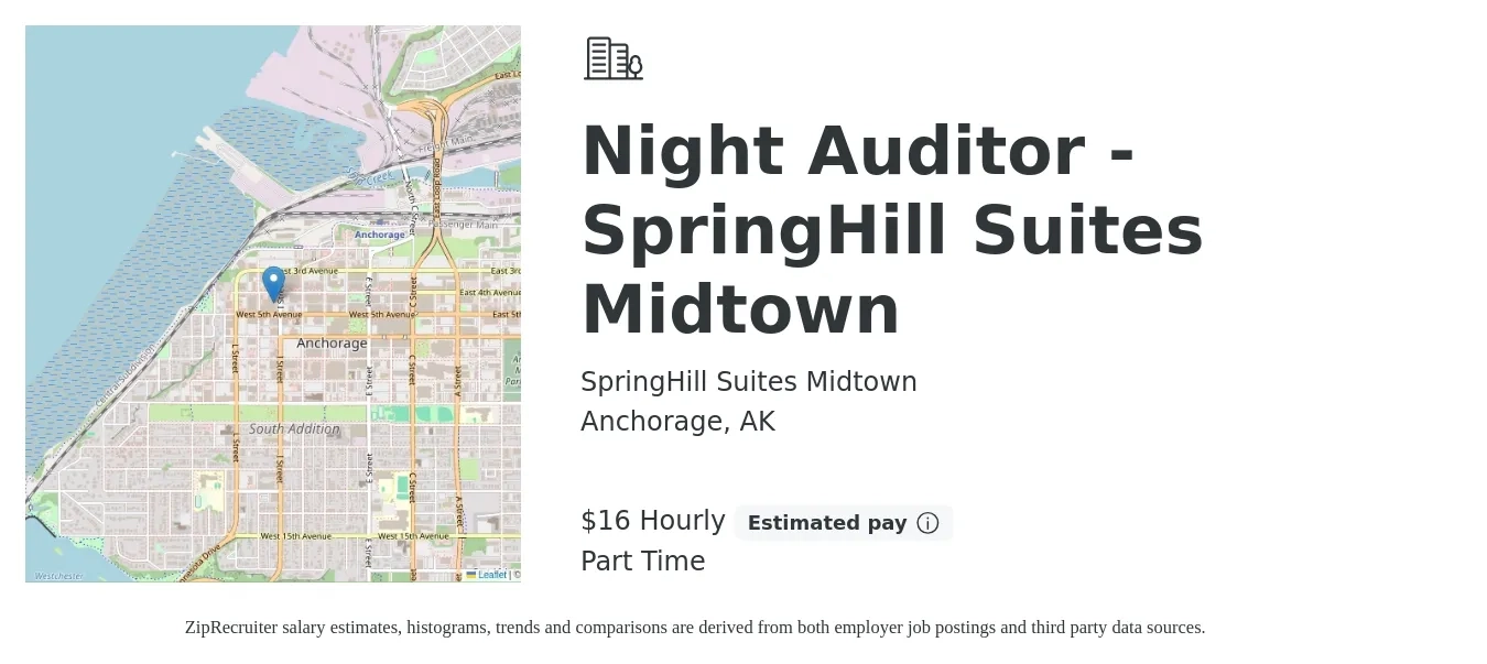 SpringHill Suites Midtown job posting for a Night Auditor - SpringHill Suites Midtown in Anchorage, AK with a salary of $17 Hourly with a map of Anchorage location.