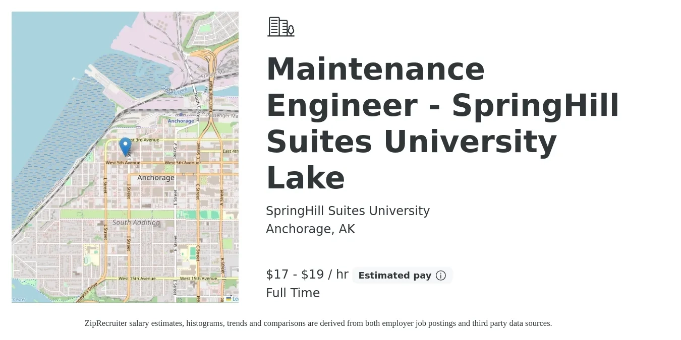 SpringHill Suites University job posting for a Maintenance Engineer - SpringHill Suites University Lake in Anchorage, AK with a salary of $18 to $20 Hourly with a map of Anchorage location.