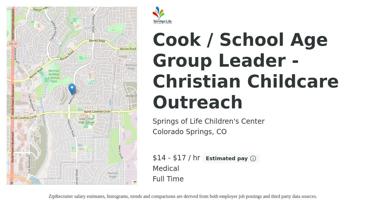 Springs of Life Children's Center job posting for a Cook / School Age Group Leader - Christian Childcare Outreach in Colorado Springs, CO with a salary of $15 to $18 Hourly and benefits including medical with a map of Colorado Springs location.