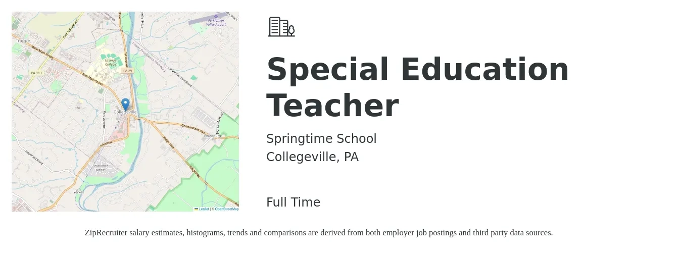 Springtime School job posting for a Special Education Teacher in Collegeville, PA with a salary of $49,500 to $65,400 Yearly with a map of Collegeville location.
