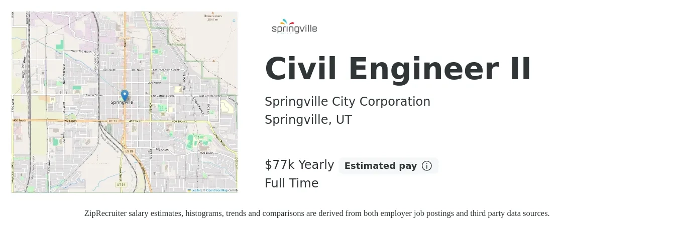 Springville City Corporation job posting for a Civil Engineer II in Springville, UT with a salary of $77,400 Yearly with a map of Springville location.