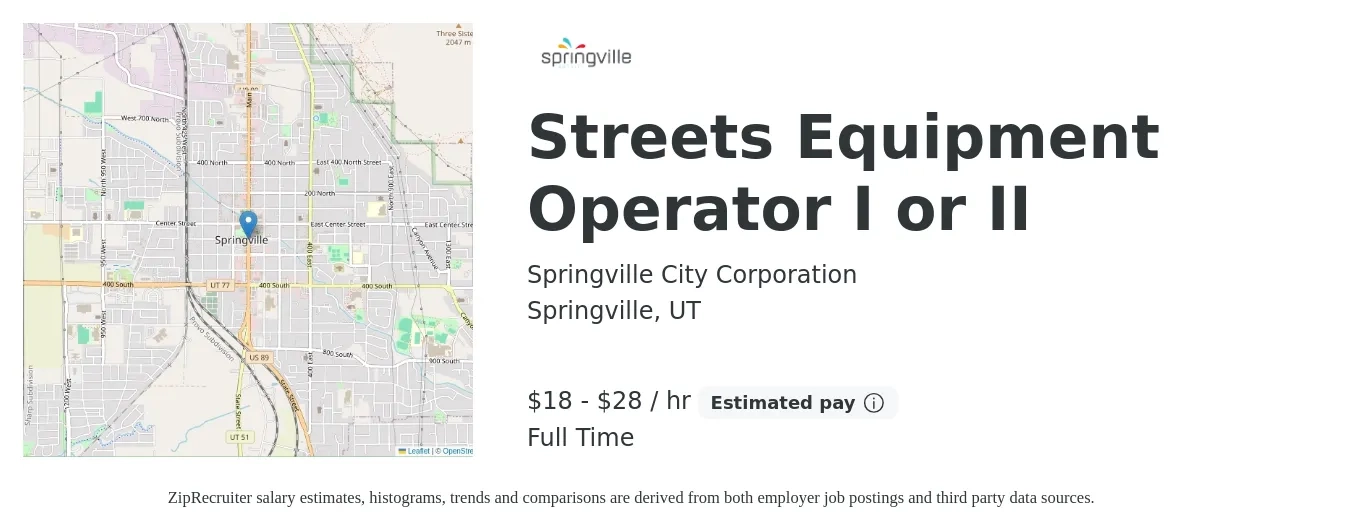 Springville City Corporation job posting for a Streets Equipment Operator I or II in Springville, UT with a salary of $19 to $30 Hourly with a map of Springville location.