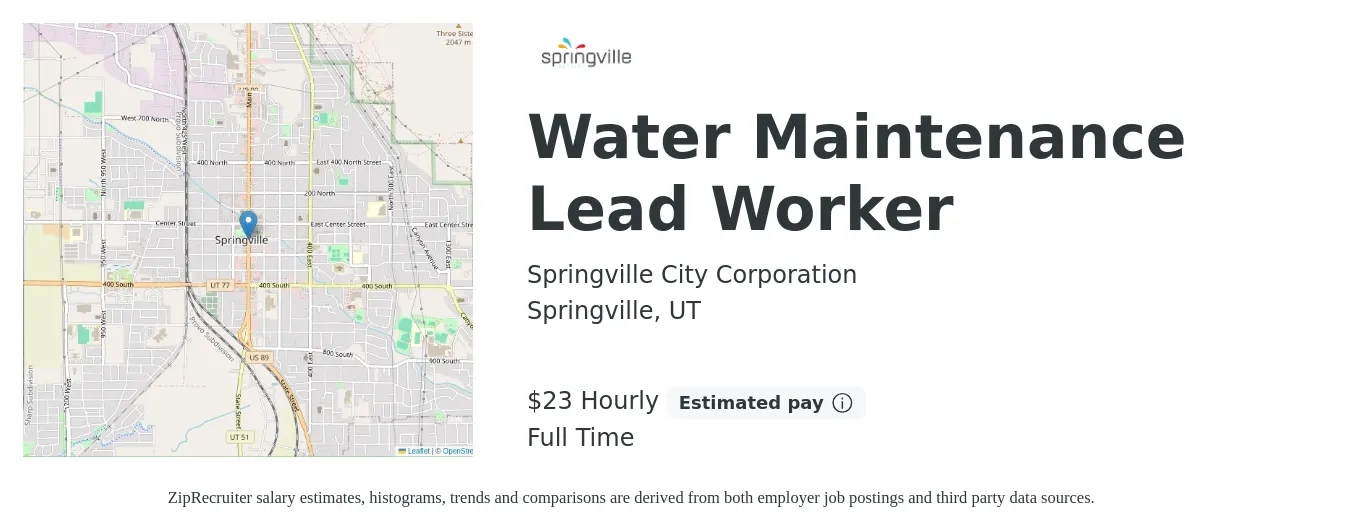 Springville City Corporation job posting for a Water Maintenance Lead Worker in Springville, UT with a salary of $25 Hourly with a map of Springville location.