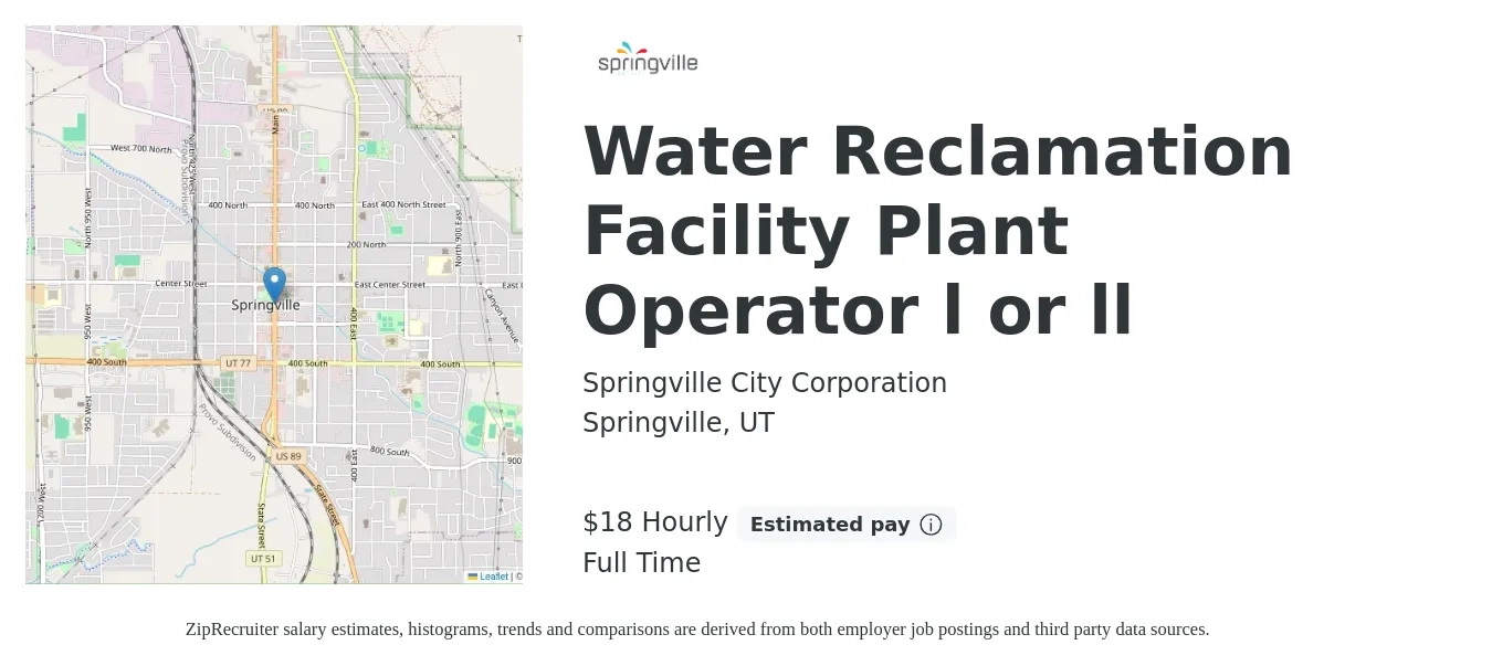 Springville City Corporation job posting for a Water Reclamation Facility Plant Operator l or ll in Springville, UT with a salary of $19 Hourly with a map of Springville location.