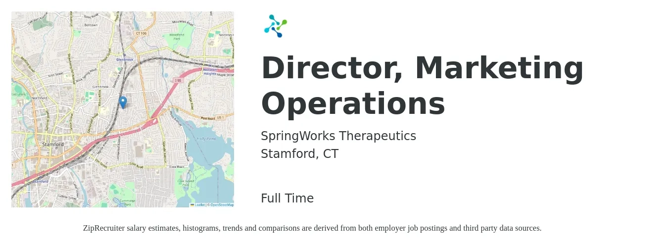 SpringWorks Therapeutics job posting for a Director, Marketing Operations in Stamford, CT with a salary of $88,500 to $150,300 Yearly with a map of Stamford location.