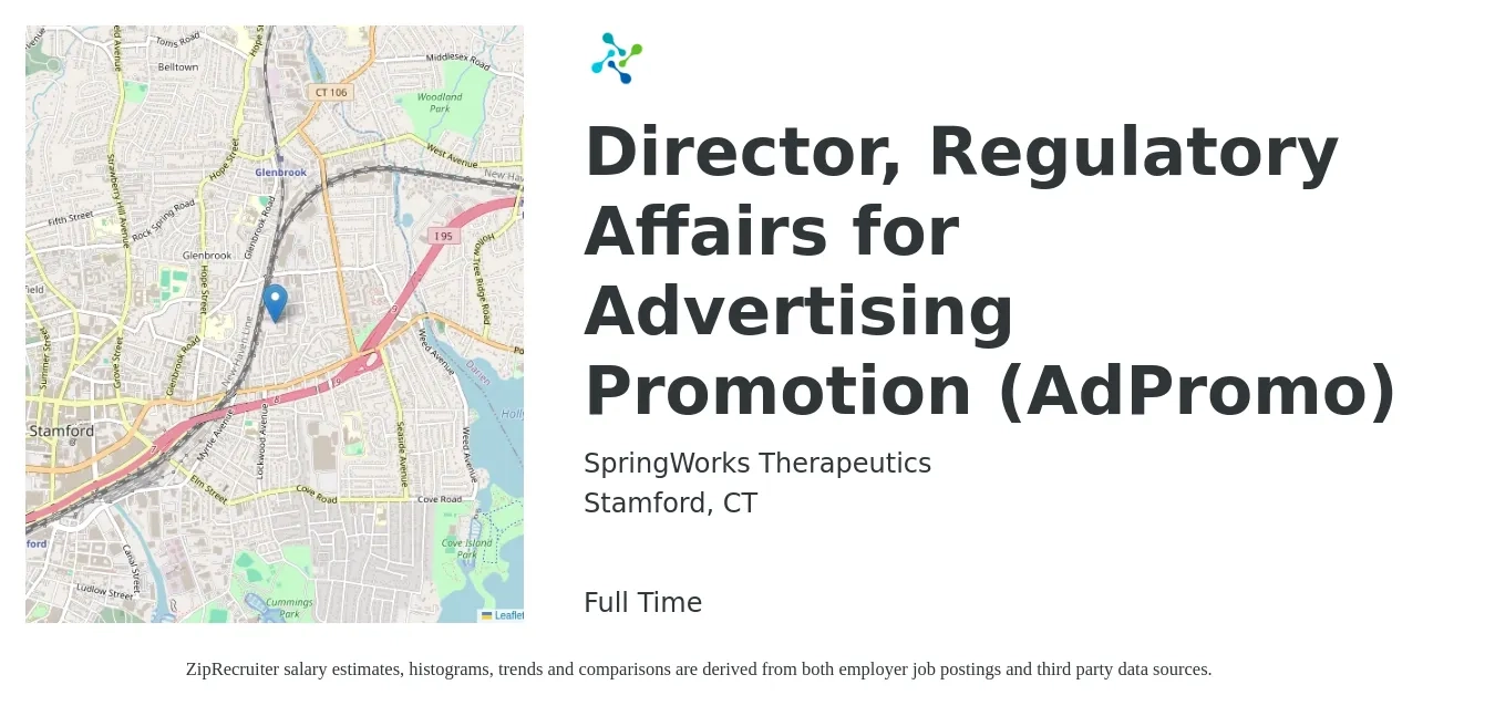 SpringWorks Therapeutics job posting for a Director, Regulatory Affairs for Advertising Promotion (AdPromo) in Stamford, CT with a salary of $159,900 to $211,100 Yearly with a map of Stamford location.