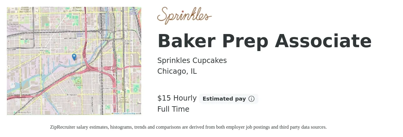 Sprinkles Cupcakes job posting for a Baker Prep Associate in Chicago, IL with a salary of $16 Hourly with a map of Chicago location.