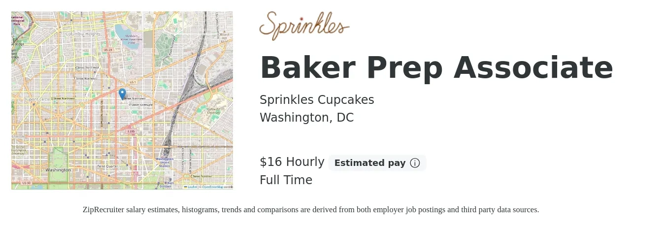 Sprinkles Cupcakes job posting for a Baker Prep Associate in Washington, DC with a salary of $17 Hourly with a map of Washington location.