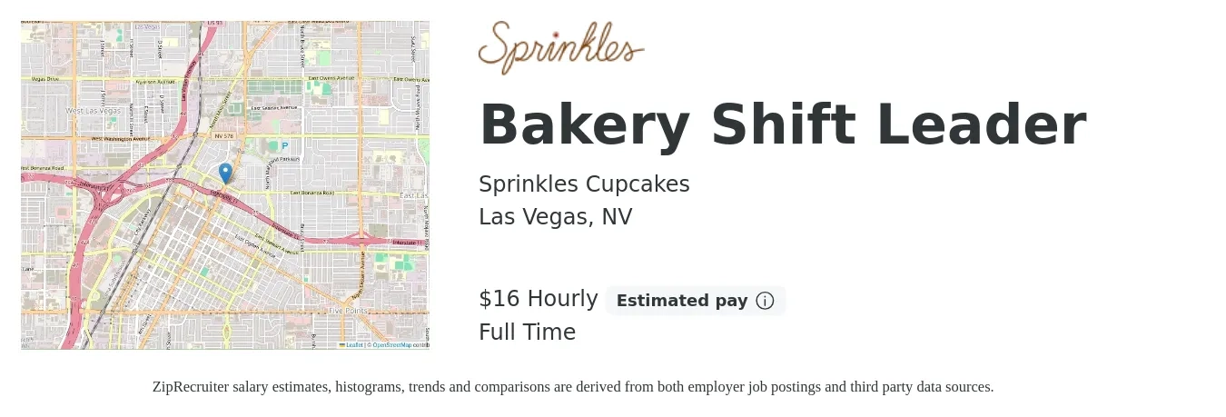 Sprinkles Cupcakes job posting for a Bakery Shift Leader in Las Vegas, NV with a salary of $17 Hourly with a map of Las Vegas location.