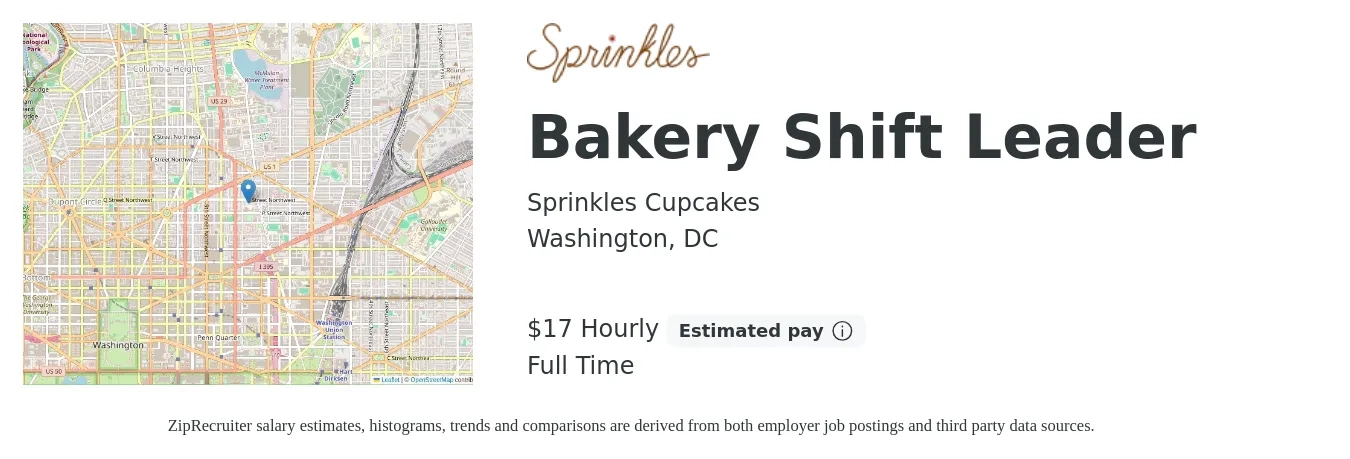 Sprinkles Cupcakes job posting for a Bakery Shift Leader in Washington, DC with a salary of $18 Hourly with a map of Washington location.