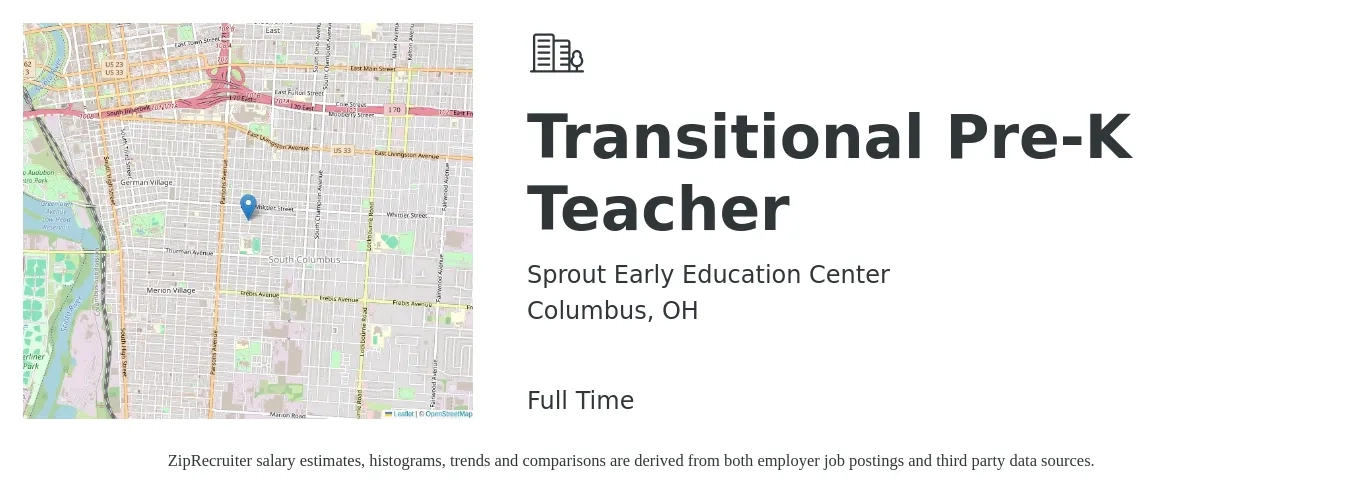 Sprout Early Education Center job posting for a Transitional Pre-K Teacher in Columbus, OH with a salary of $13 to $17 Hourly with a map of Columbus location.