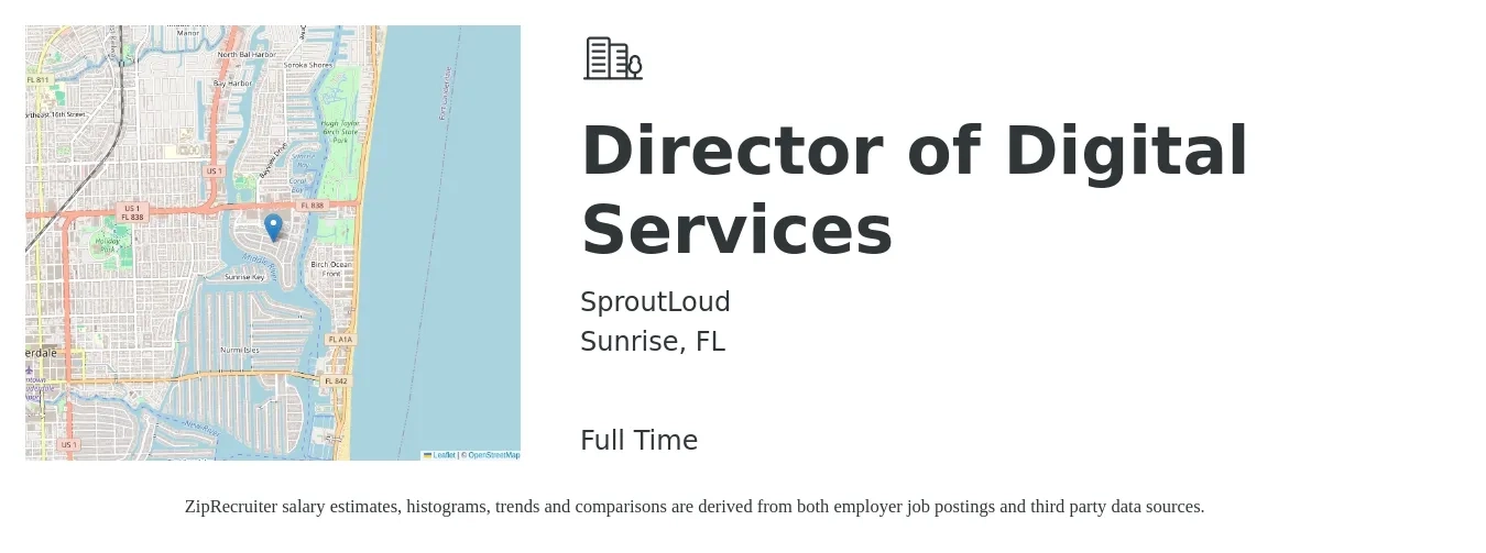 SproutLoud job posting for a Director of Digital Services in Sunrise, FL with a salary of $81,100 to $143,000 Yearly with a map of Sunrise location.