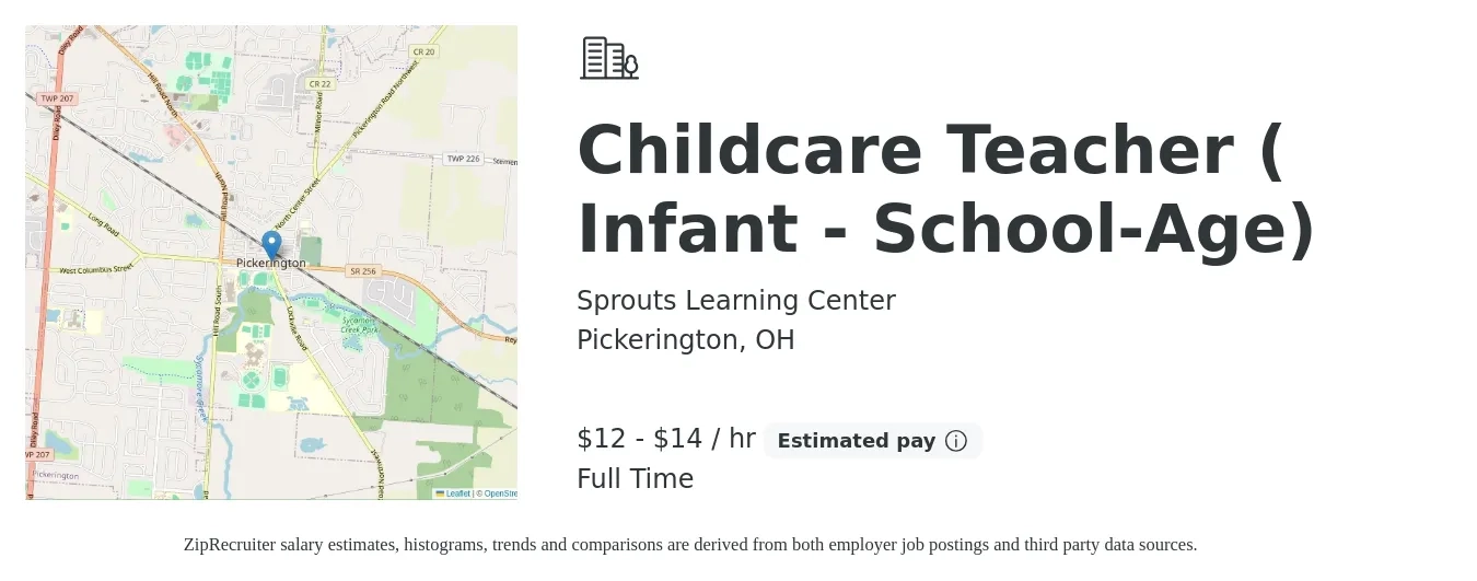 Sprouts Learning Center job posting for a Childcare Teacher ( Infant - School-Age) in Pickerington, OH with a salary of $14 to $15 Hourly with a map of Pickerington location.