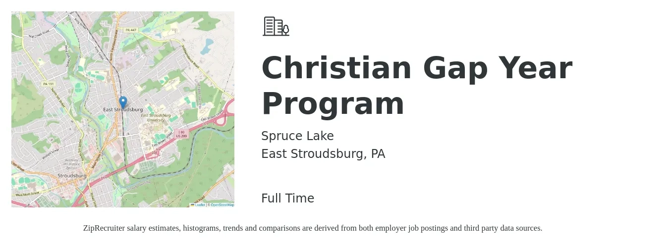 Spruce Lake job posting for a Christian Gap Year Program in East Stroudsburg, PA with a salary of $15 to $24 Hourly with a map of East Stroudsburg location.