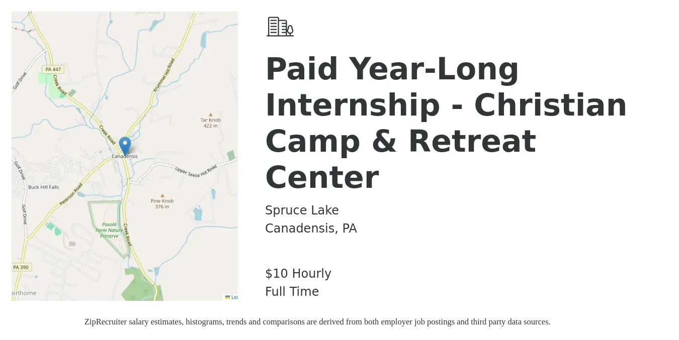 Spruce Lake job posting for a Paid Year-Long Internship - Christian Camp & Retreat Center in Canadensis, PA with a salary of $10 Hourly with a map of Canadensis location.