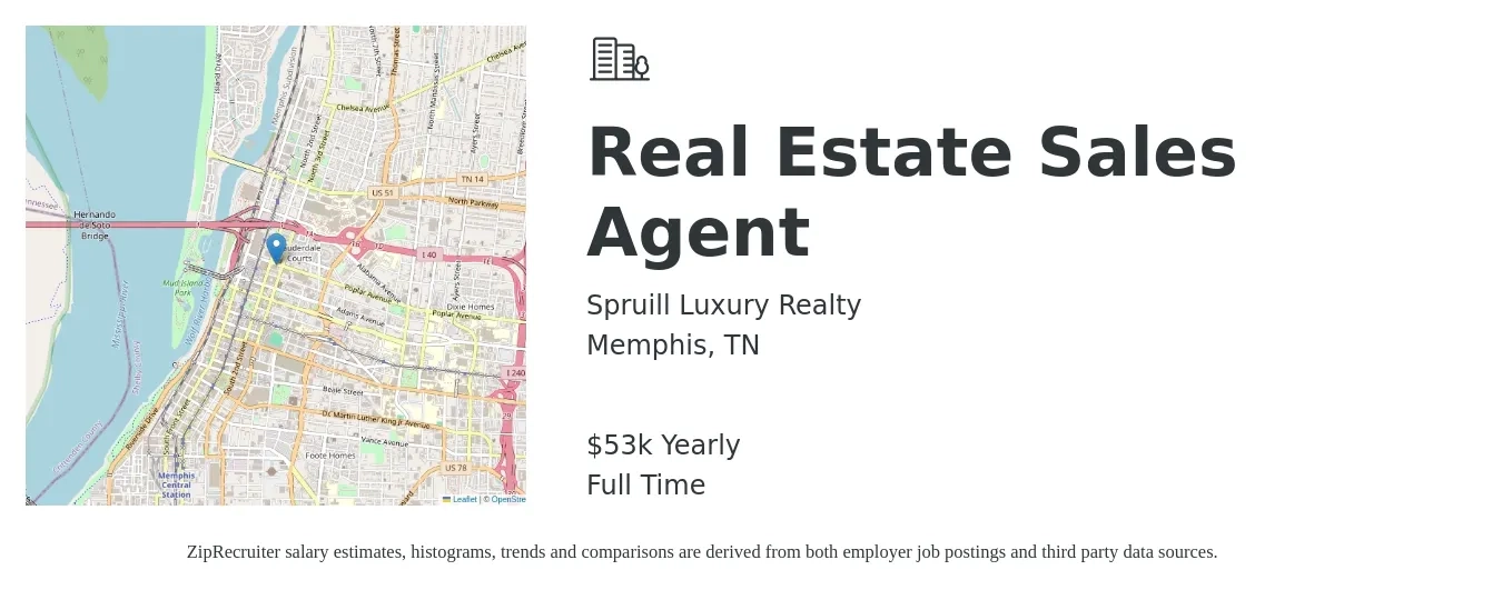 Spruill Luxury Realty job posting for a Real Estate Sales Agent in Memphis, TN with a salary of $53,000 Yearly with a map of Memphis location.