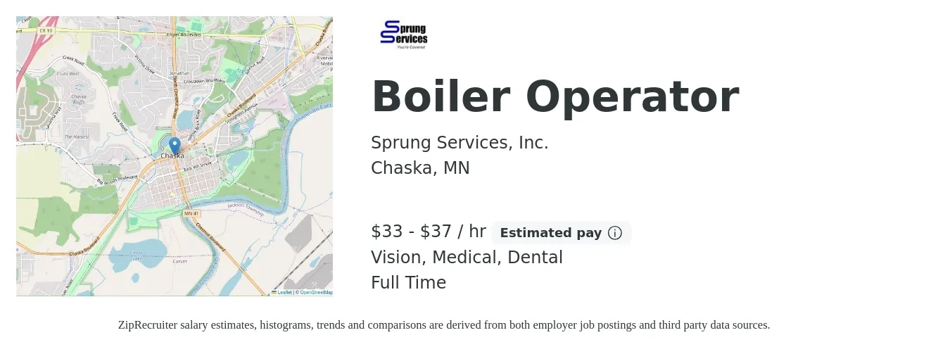 Sprung Services, Inc. job posting for a Boiler Operator in Chaska, MN with a salary of $35 to $39 Hourly and benefits including retirement, vision, dental, life_insurance, and medical with a map of Chaska location.