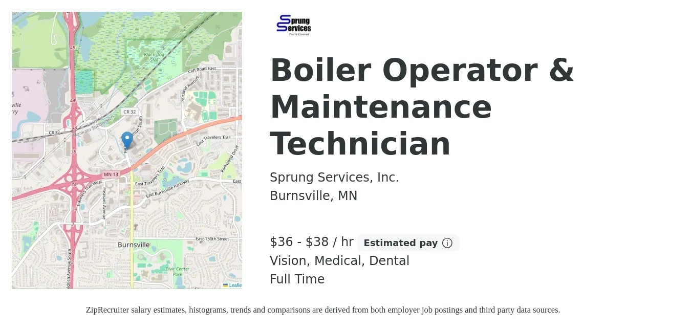 Sprung Services, Inc. job posting for a Boiler Operator & Maintenance Technician in Burnsville, MN with a salary of $38 to $40 Hourly and benefits including life_insurance, medical, retirement, vision, and dental with a map of Burnsville location.