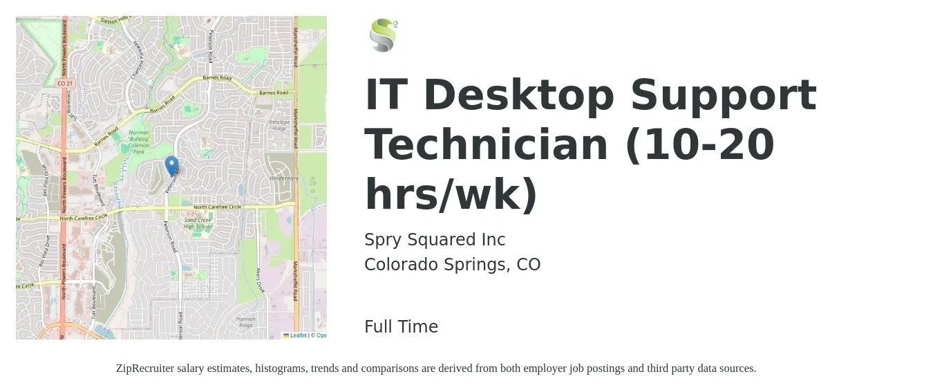 Spry Squared Inc job posting for a IT Desktop Support Technician (10-20 hrs/wk) in Colorado Springs, CO with a salary of $20 to $28 Hourly with a map of Colorado Springs location.