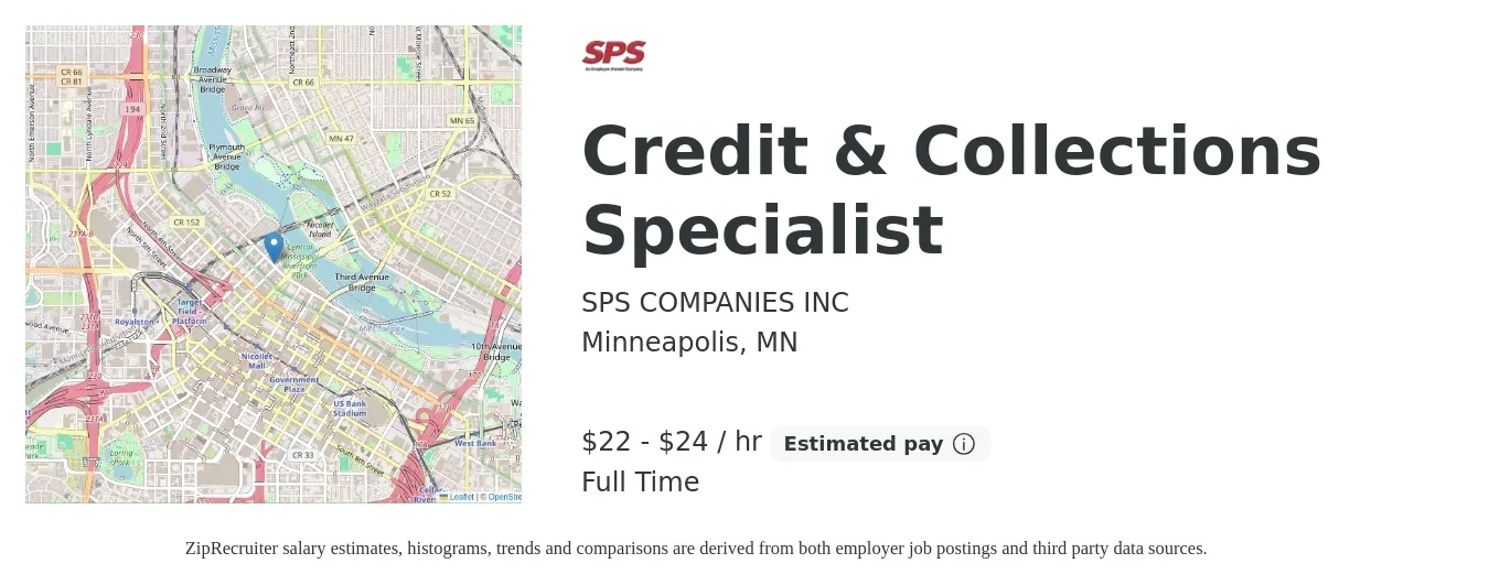SPS COMPANIES INC job posting for a Credit & Collections Specialist in Minneapolis, MN with a salary of $23 to $25 Hourly with a map of Minneapolis location.
