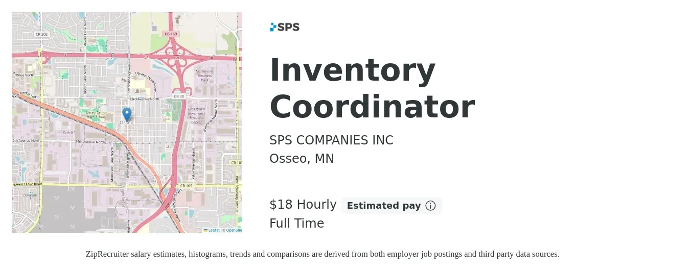 SPS COMPANIES INC job posting for a Inventory Coordinator in Osseo, MN with a salary of $20 Hourly with a map of Osseo location.