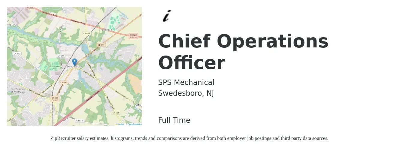 SPS Mechanical job posting for a Chief Operations Officer in Swedesboro, NJ with a salary of $110,000 to $182,600 Yearly with a map of Swedesboro location.