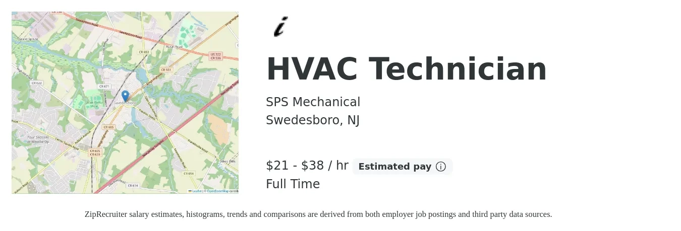 SPS Mechanical job posting for a HVAC Technician in Swedesboro, NJ with a salary of $22 to $40 Hourly with a map of Swedesboro location.