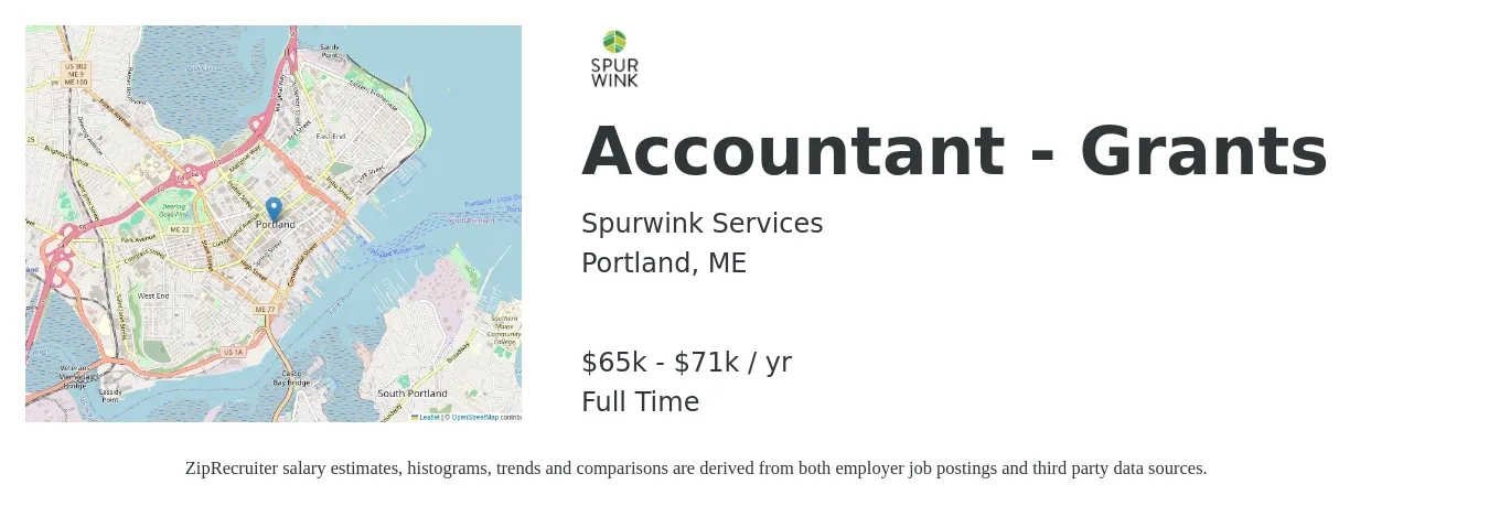 Spurwink Services job posting for a Accountant - Grants in Portland, ME with a salary of $65,000 to $71,000 Yearly with a map of Portland location.