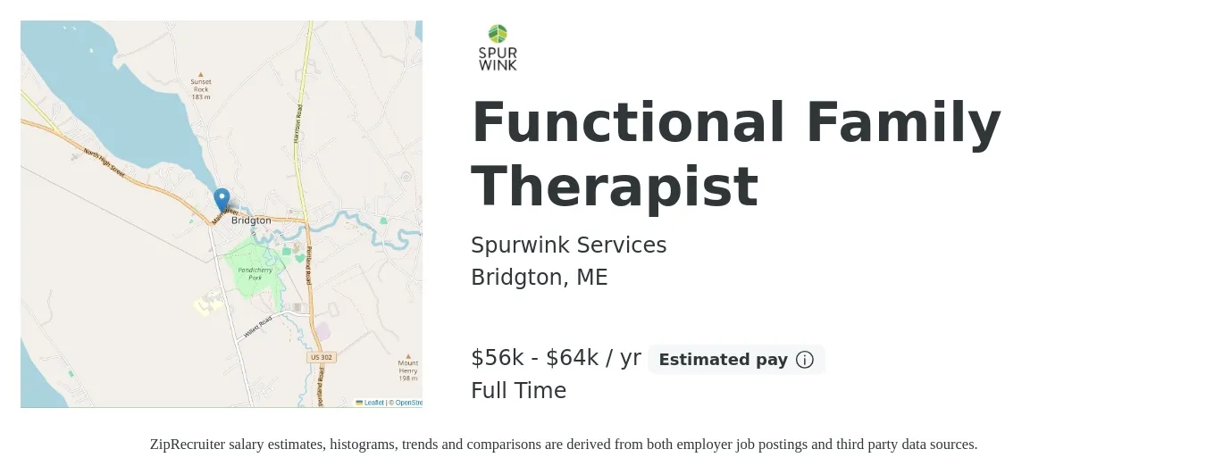 Spurwink Services job posting for a Functional Family Therapist in Bridgton, ME with a salary of $56,000 to $64,500 Yearly with a map of Bridgton location.
