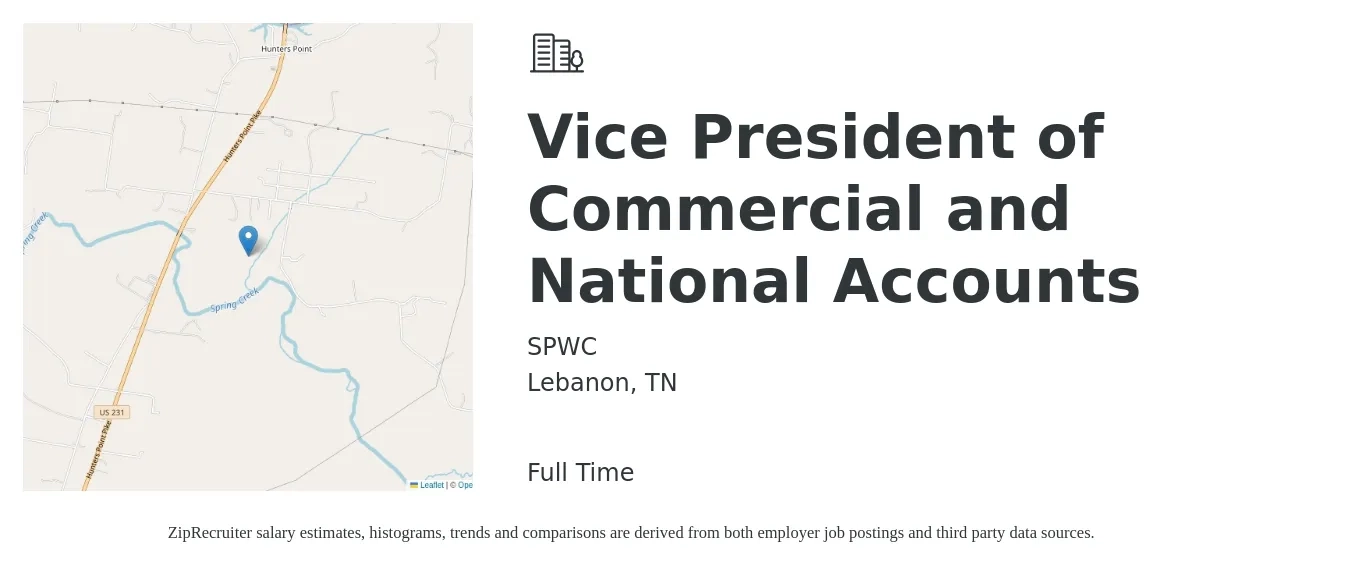 SPWC job posting for a Vice President of Commercial and National Accounts in Lebanon, TN with a salary of $131,400 to $196,500 Yearly with a map of Lebanon location.